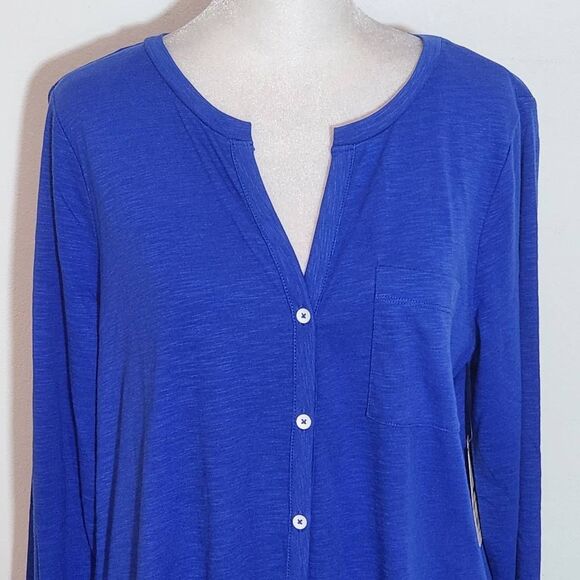 St. John's Bay Blue Button-Up Top with Tie Waist NWT Size Medium Blue Knit Top - Picture 2 of 9